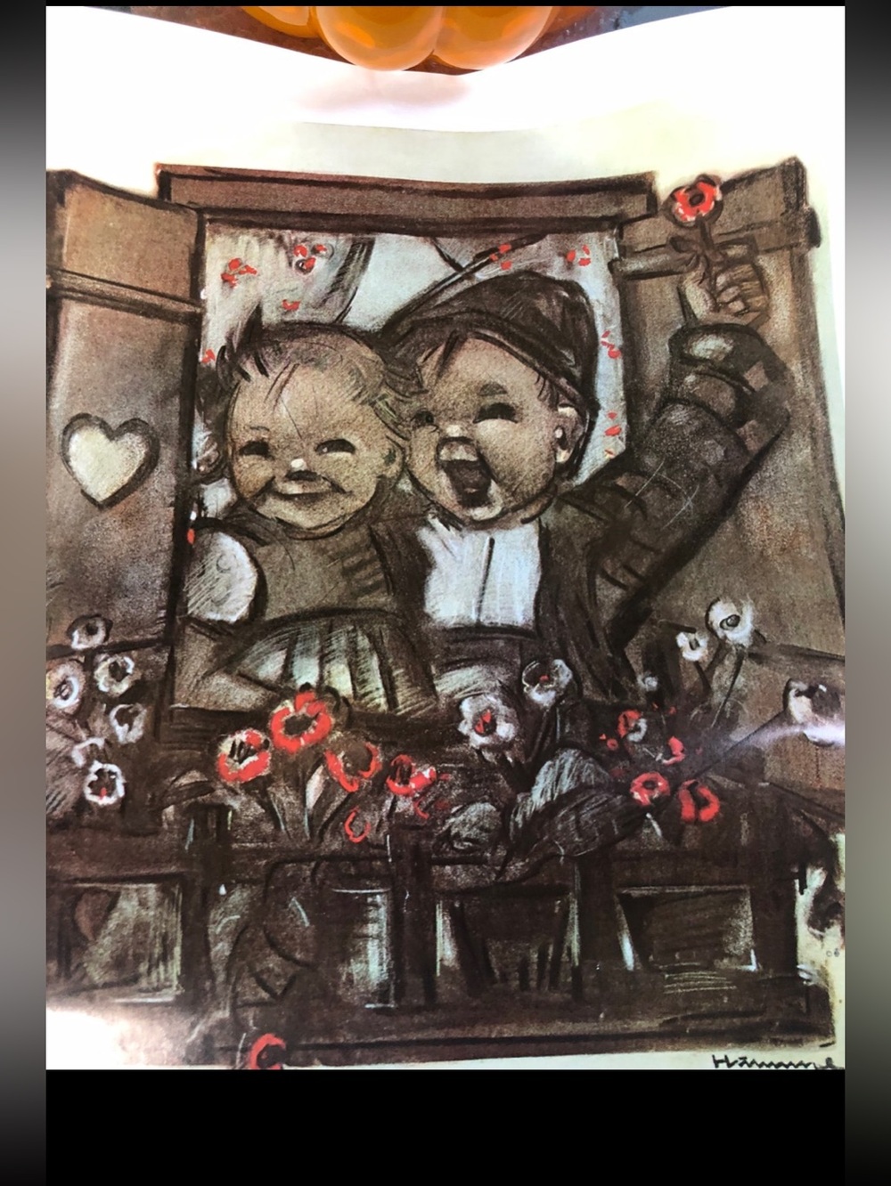 M.I. Hummel art print poster titled "Boy & Girl in Window by Flower Box.Print